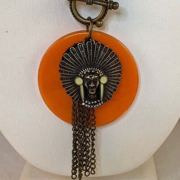 Brass Plated Necklace With Orange Glass Beads And Indian Head Pendant (NA117) - Picture 2 of 6
